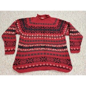 Eddie Bauer Sweater Womens Large Red Fair Isle Nordic Ski Lodge Roll Neck Collar